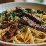 Cajun Garlic Butter Steak Linguine with Creamy Parmesan Sauce