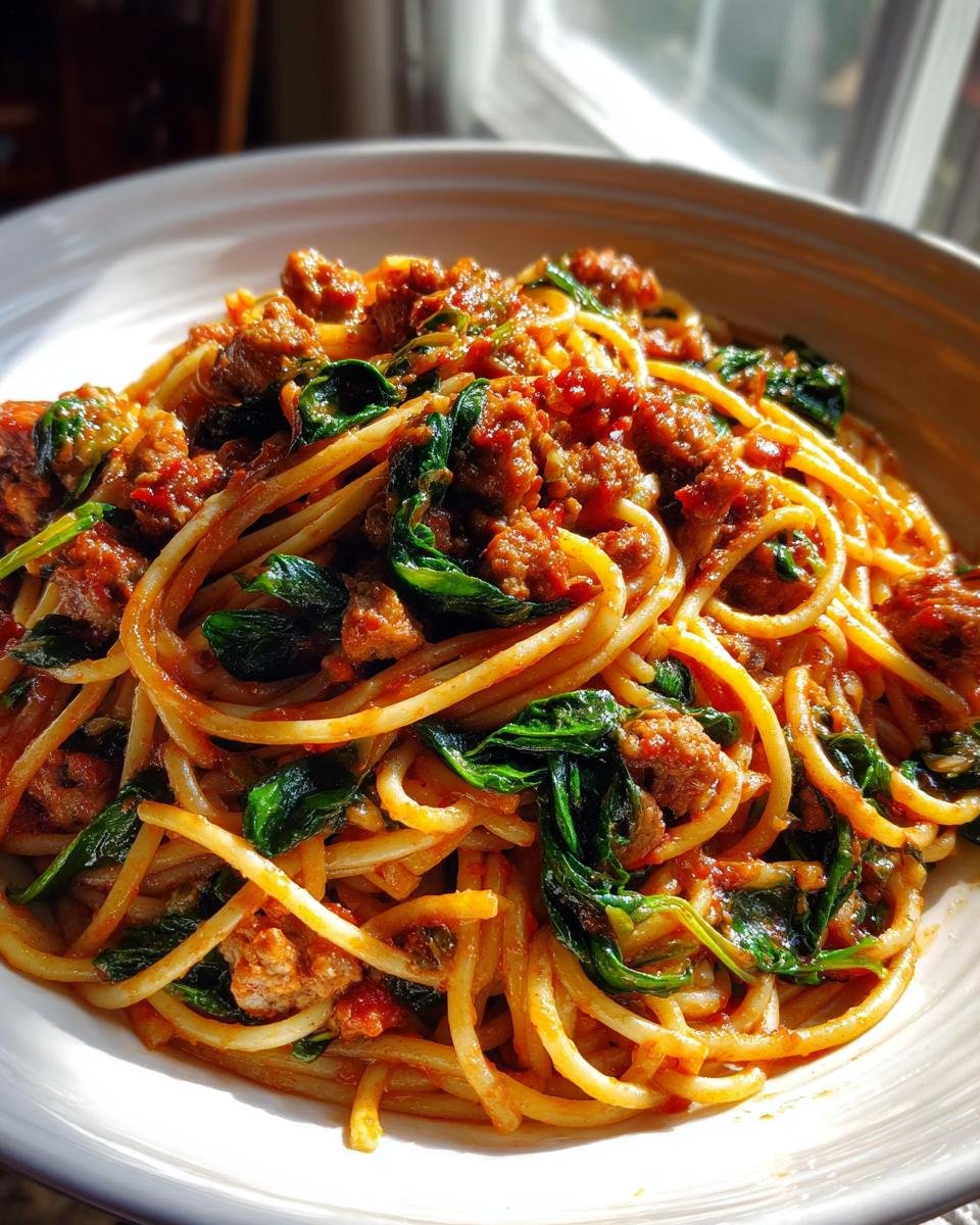 30-Minute Italian Sausage Spaghetti with Spinach and Marinara - detail 1