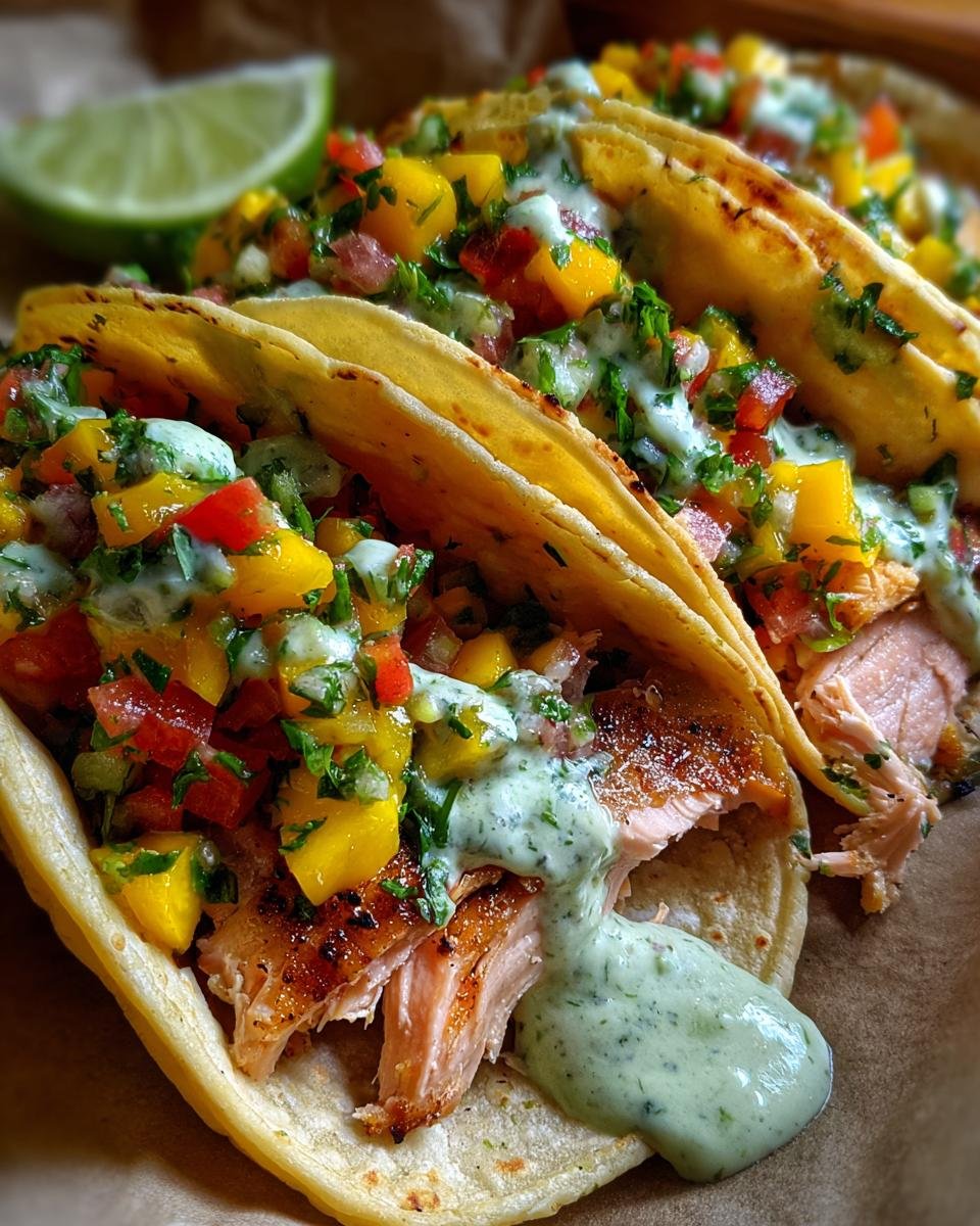 Mango-Peach Salsa Salmon Tacos with Cilantro-Lime Crema - detail 1