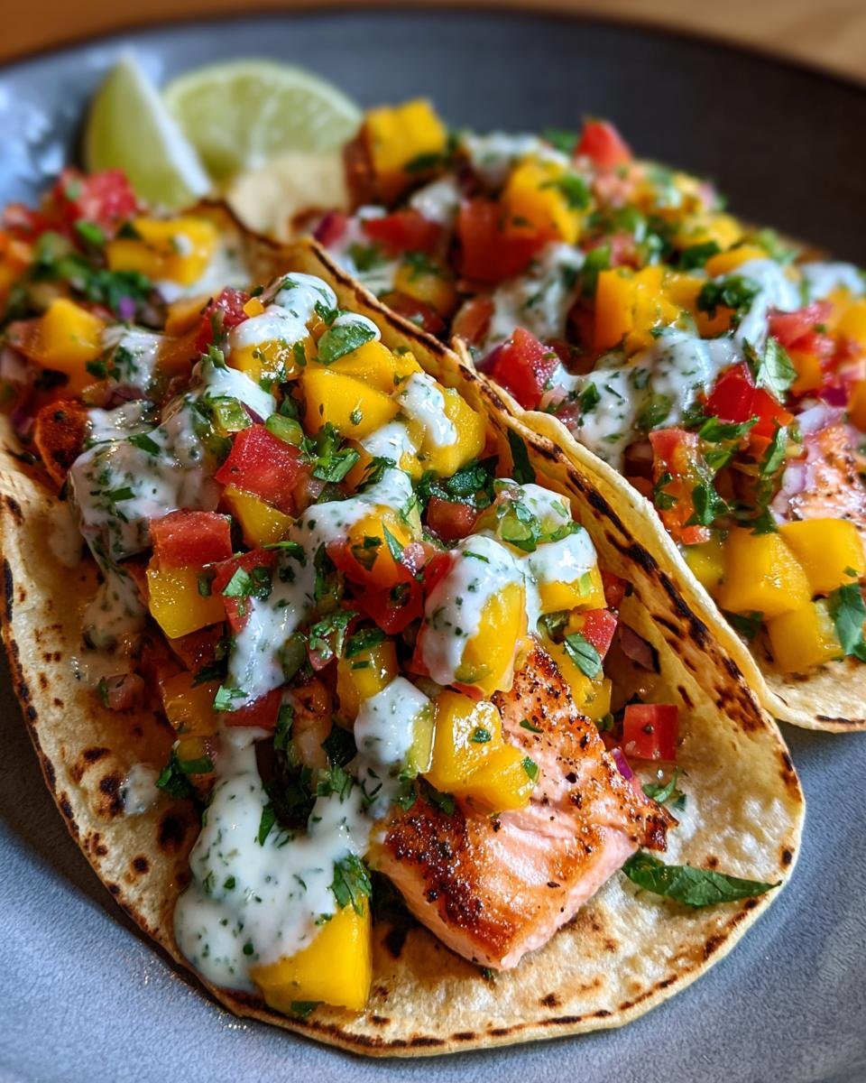 Mango-Peach Salsa Salmon Tacos with Cilantro-Lime Crema - detail 3