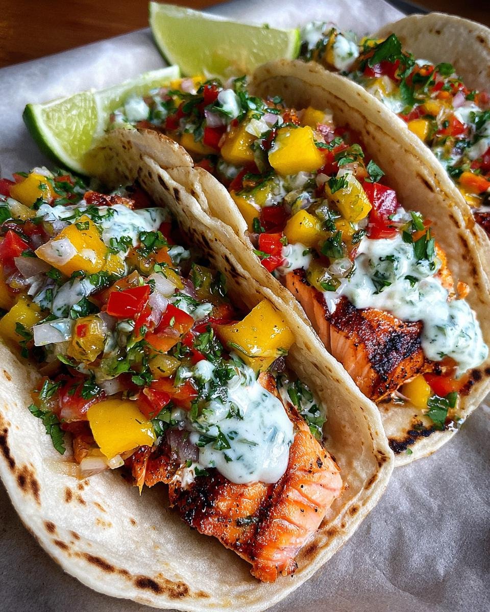 Mango-Peach Salsa Salmon Tacos with Cilantro-Lime Crema - detail 4