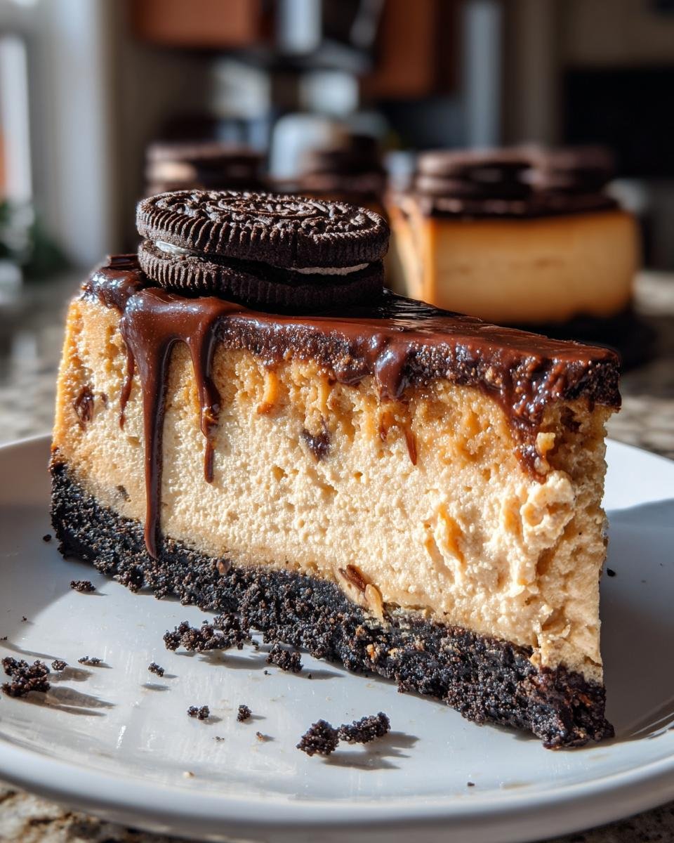 Peanut Butter Cheesecake with Oreo Crust and Chocolate Ganache - detail 1