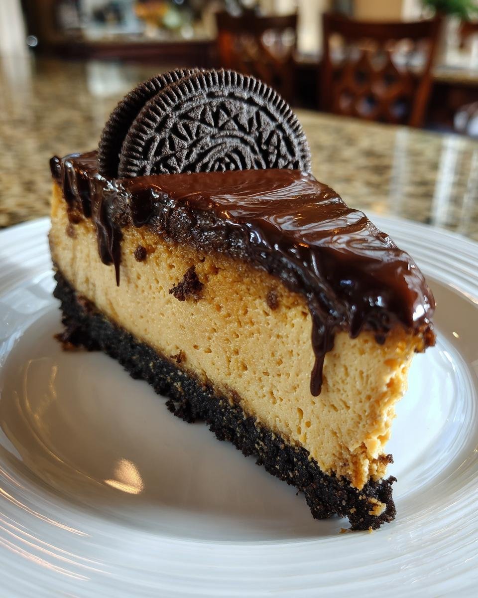 Peanut Butter Cheesecake with Oreo Crust and Chocolate Ganache - detail 3