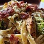Rich Chicken and Bacon Alfredo Fettuccine with Broccoli