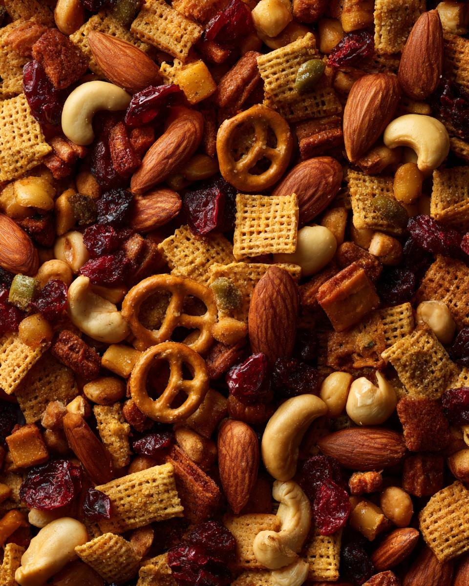 Nahaufnahme eines festlichen 4. Juli Snack Mix mit Mandeln, Cashews, Pretzels und getrockneten Cranberries.
