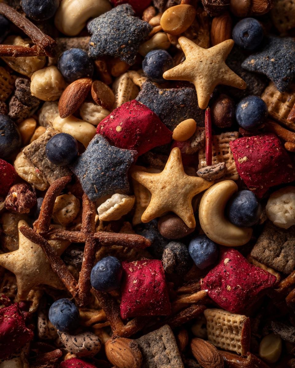 Nahaufnahme eines festlichen 4. Juli Snack Mix mit Sternen, Blaubeeren, Brezeln und N&uuml;ssen.