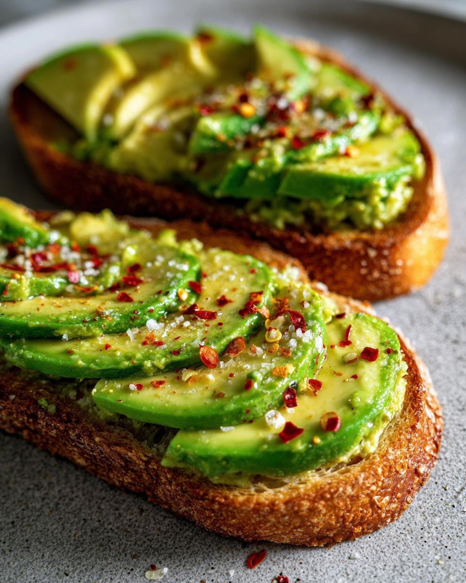 Nahaufnahme von 5-Minuten Avocado Brot mit Scheiben von frischer Avocado, bestreut mit Meersalz und Chiliflocken.