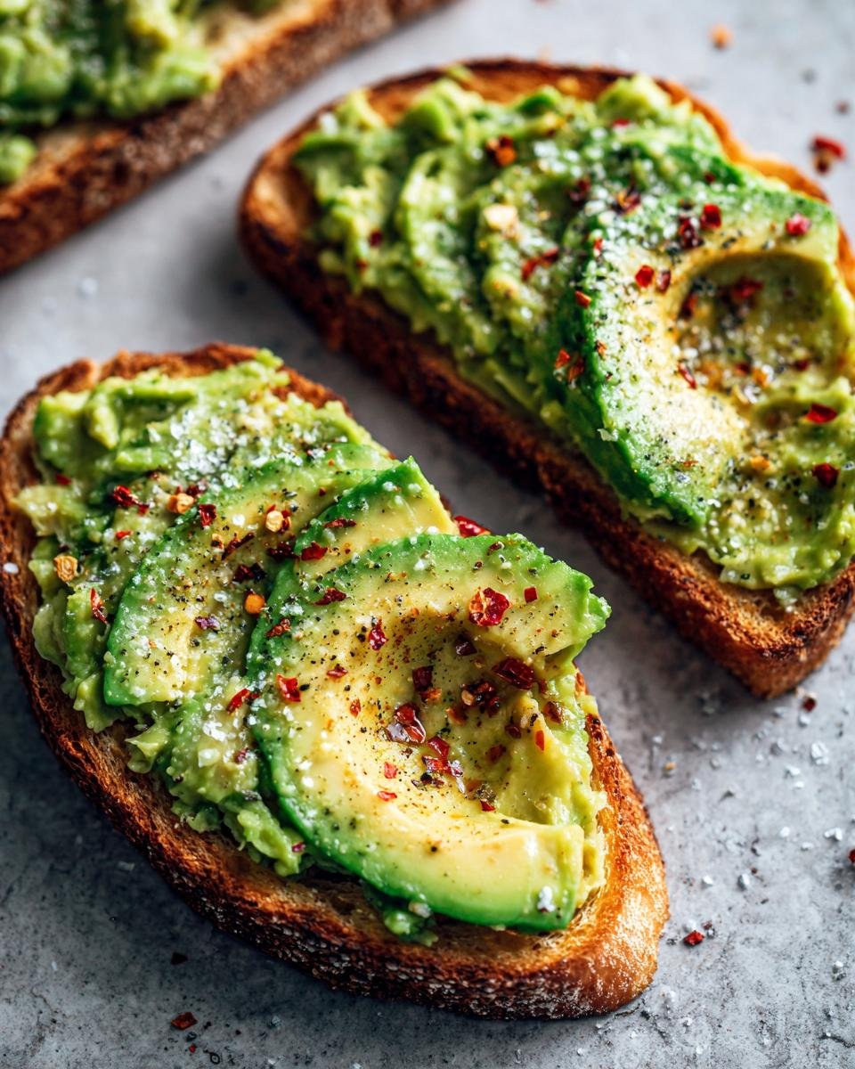 Nahaufnahme von 5-Minuten Avocado Brot mit Scheiben und zerdr&uuml;ckter Avocado, bestreut mit Chiliflocken und Salz.