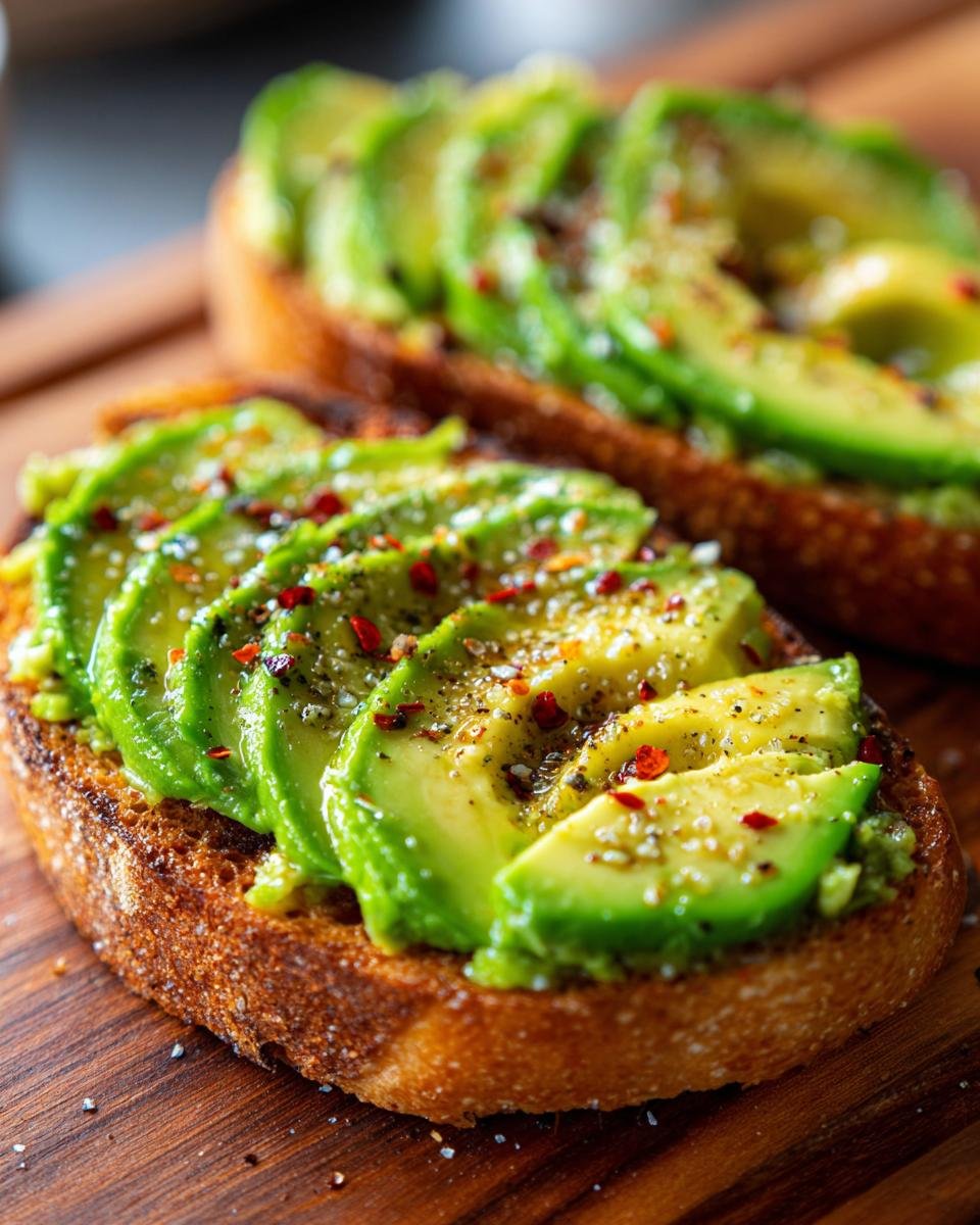 Nahaufnahme von getoastetem Brot mit zerdr&uuml;ckter Avocado und Scheiben, bestreut mit Gew&uuml;rzen f&uuml;r ein schnelles 5-Minuten Avocado Brot.