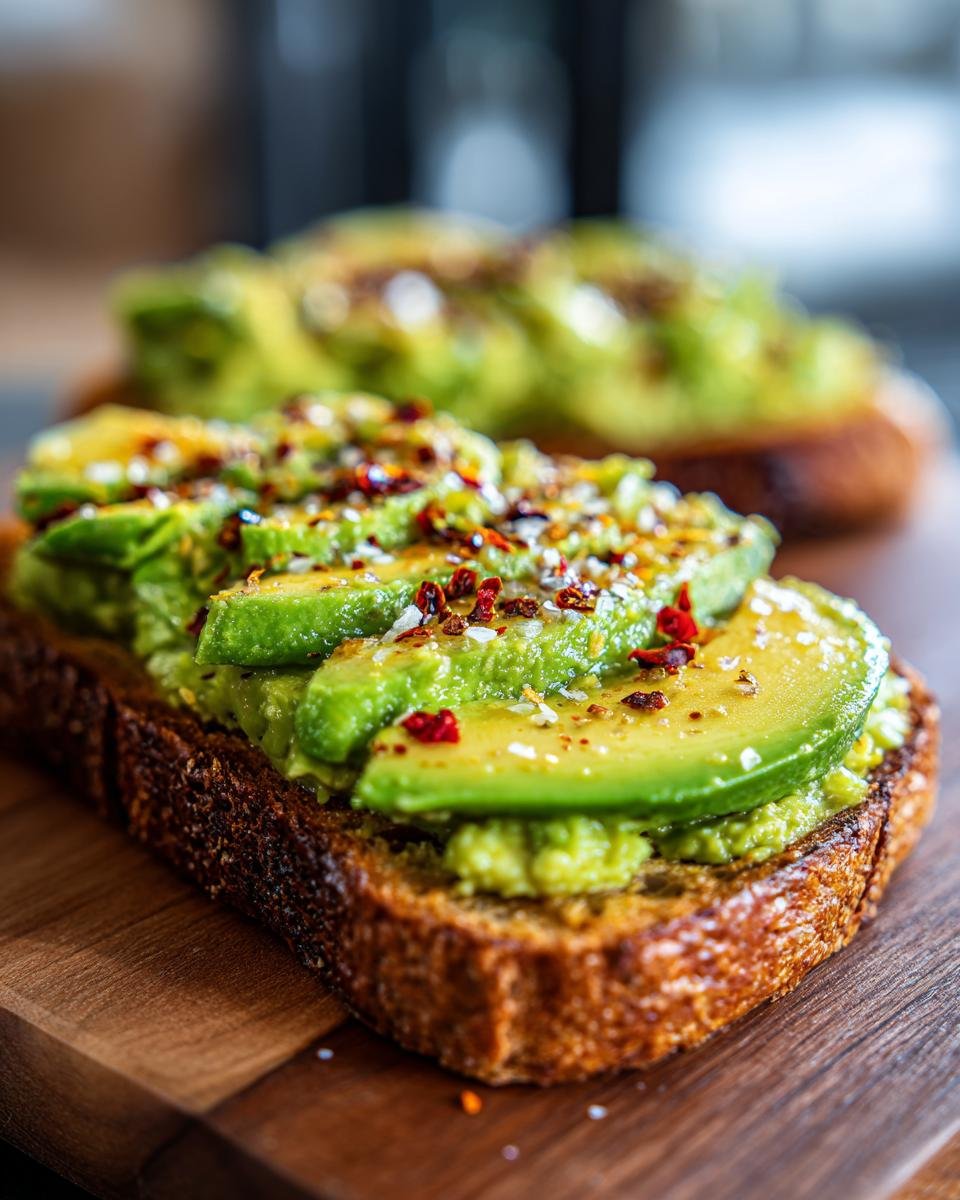 Nahaufnahme eines 5-Minuten Avocado Brotes mit Scheiben von Avocado und Gew&uuml;rzen bestreut.