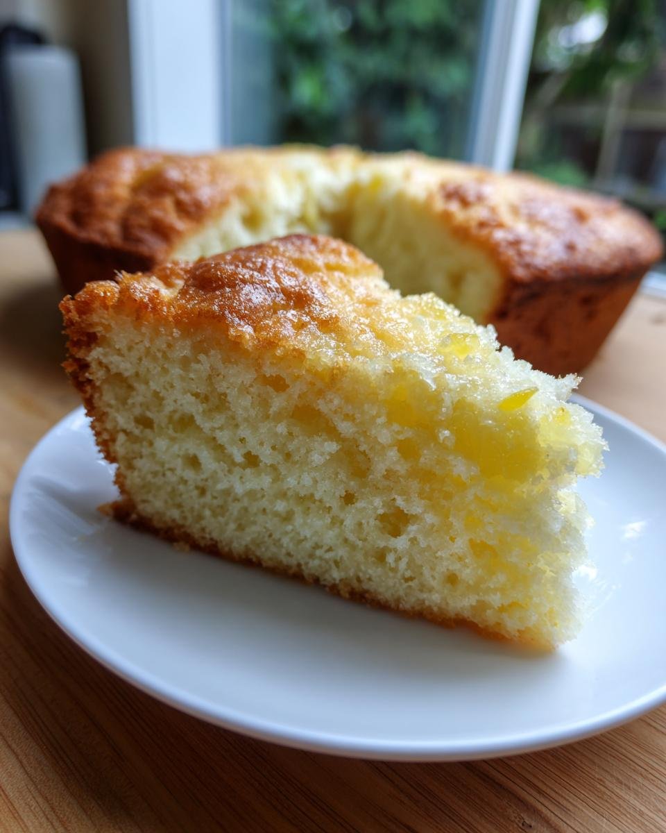 Ein St&uuml;ck saftiger Ananas-Kuchen liegt auf einem wei&szlig;en Teller, im Hintergrund der ganze Kuchen.