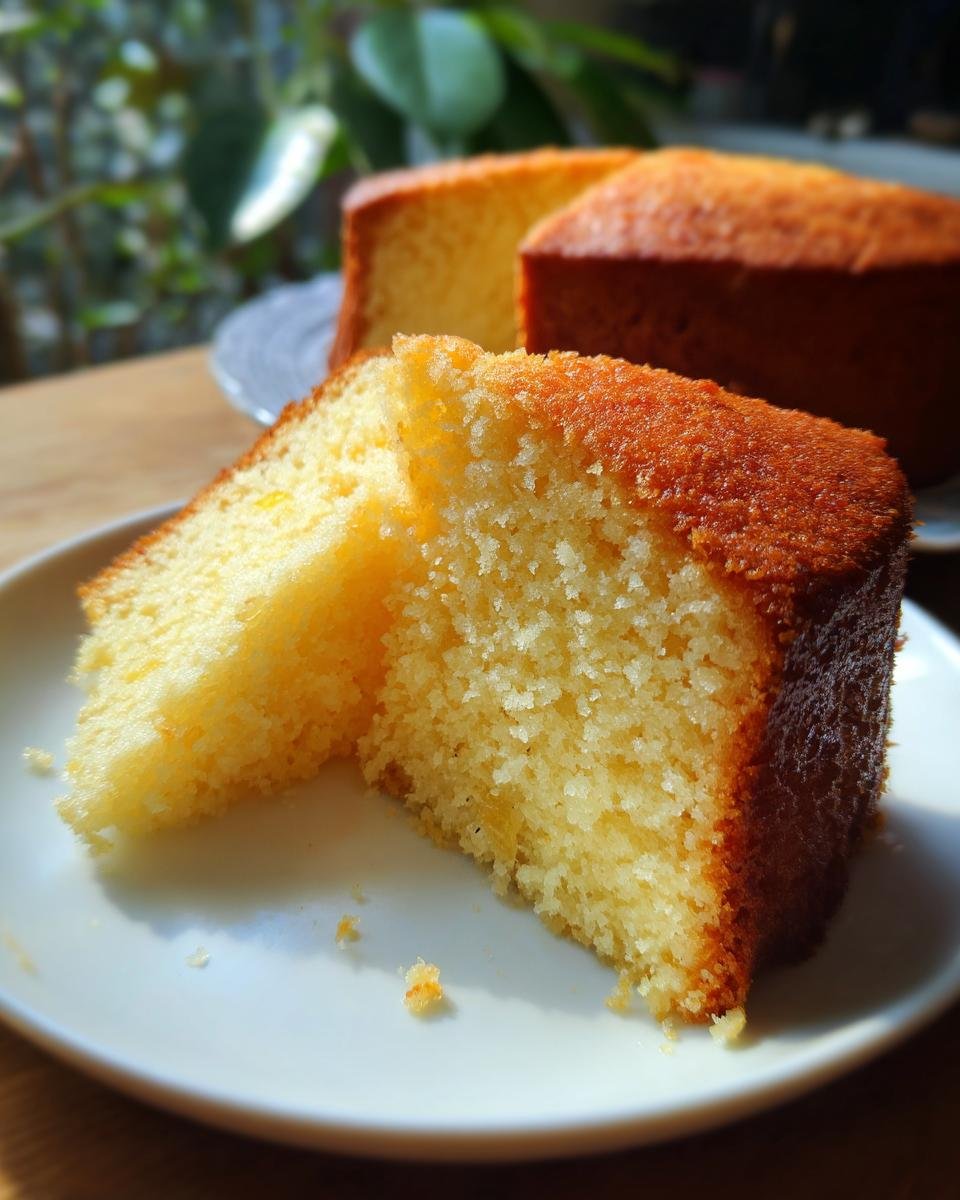 Zwei Scheiben saftiger Ananaskuchen auf einem Teller, mit einem ganzen Kuchen im Hintergrund.