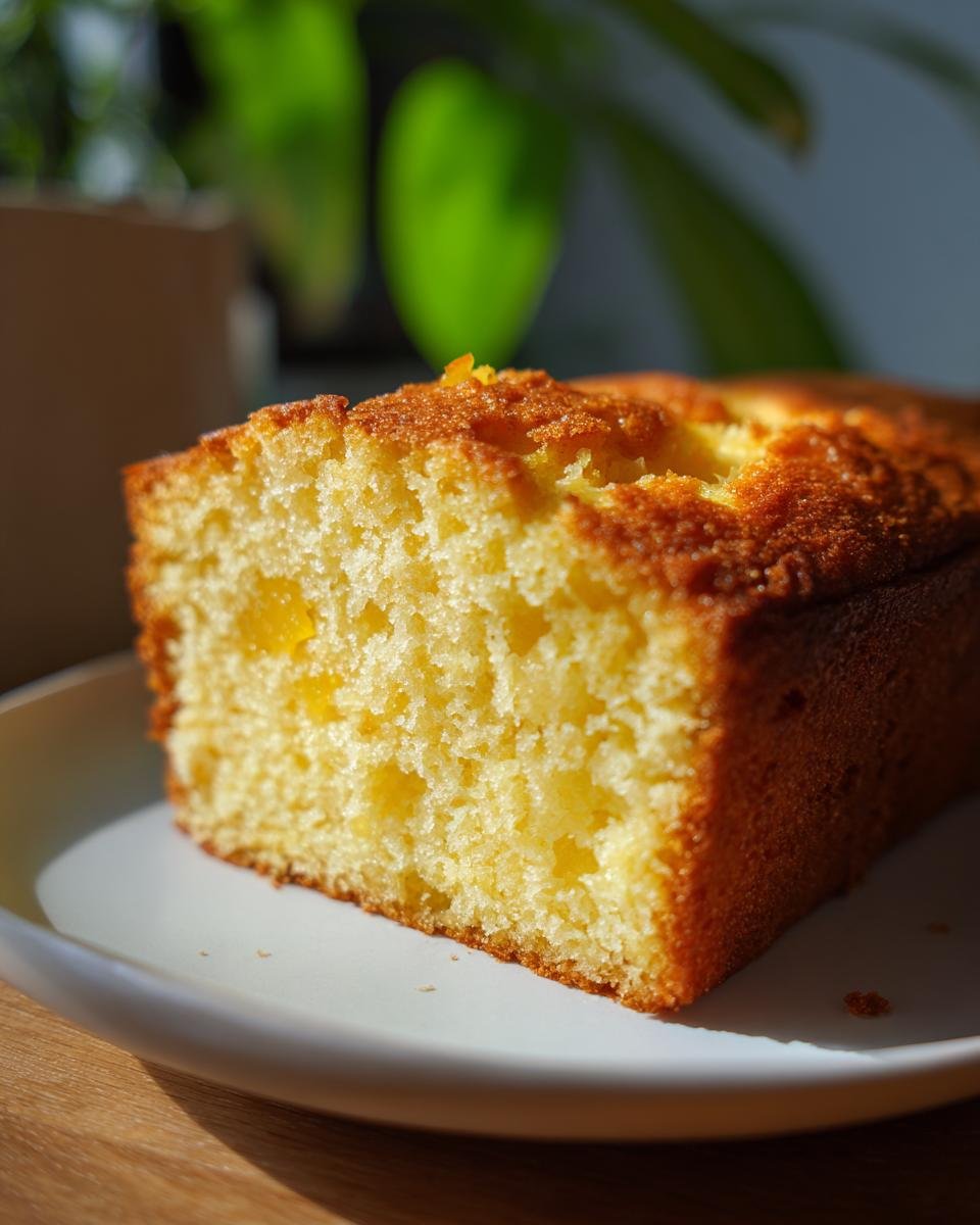 Nahaufnahme eines St&uuml;cks saftigen Ananaskuchens auf einem Teller, mit sichtbaren Ananasst&uuml;cken im Teig.