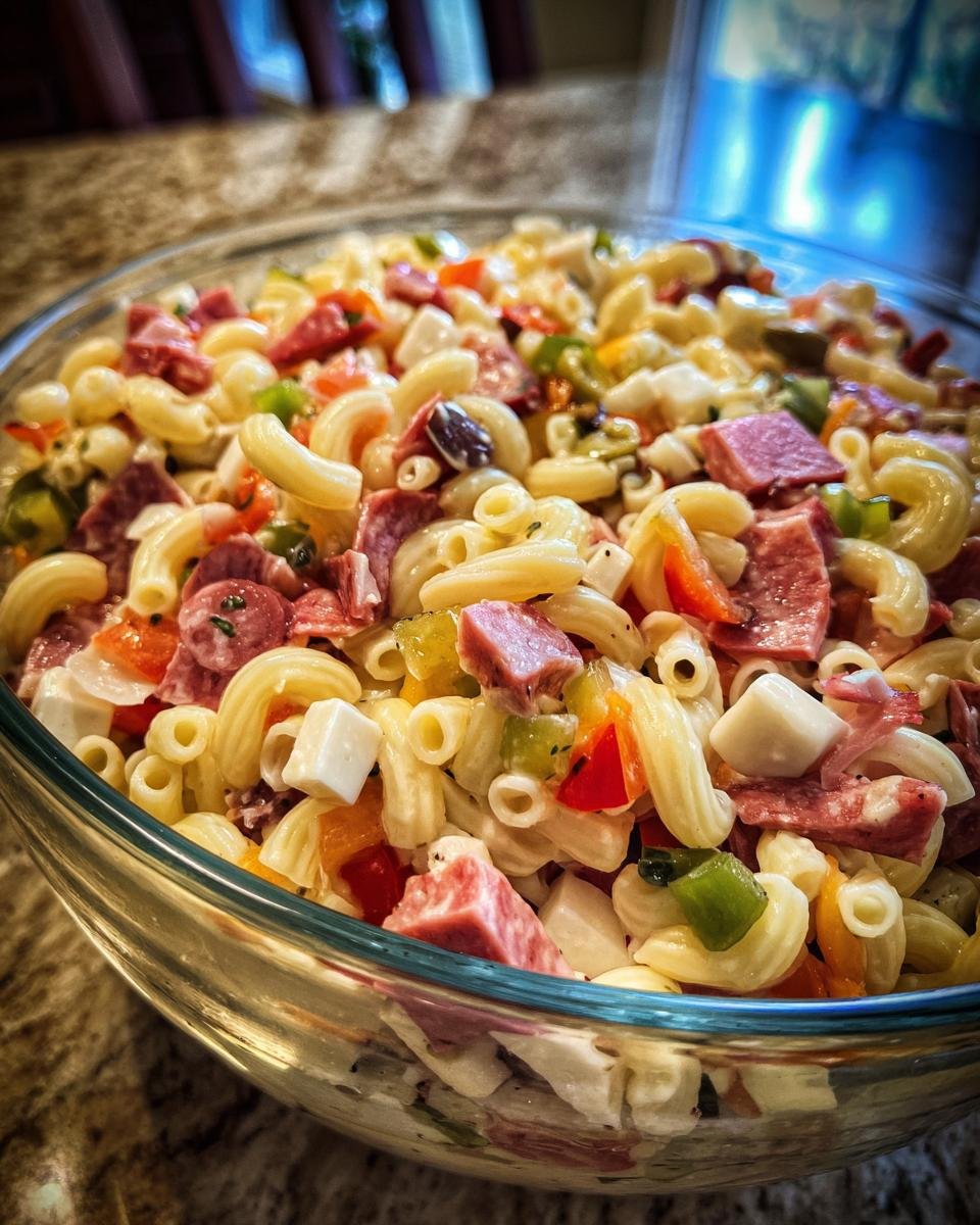 Eine Schüssel voller unwiderstehlichem Antipasto-Salat mit Nudeln, Wurst, Käse und Gemüse.