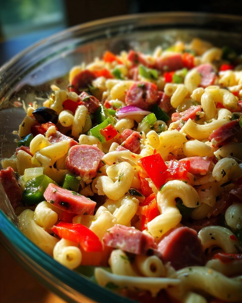Nahaufnahme eines Antipasto Salats mit Nudeln, Wurst, Paprika und Oliven in einer Glasschüssel.
