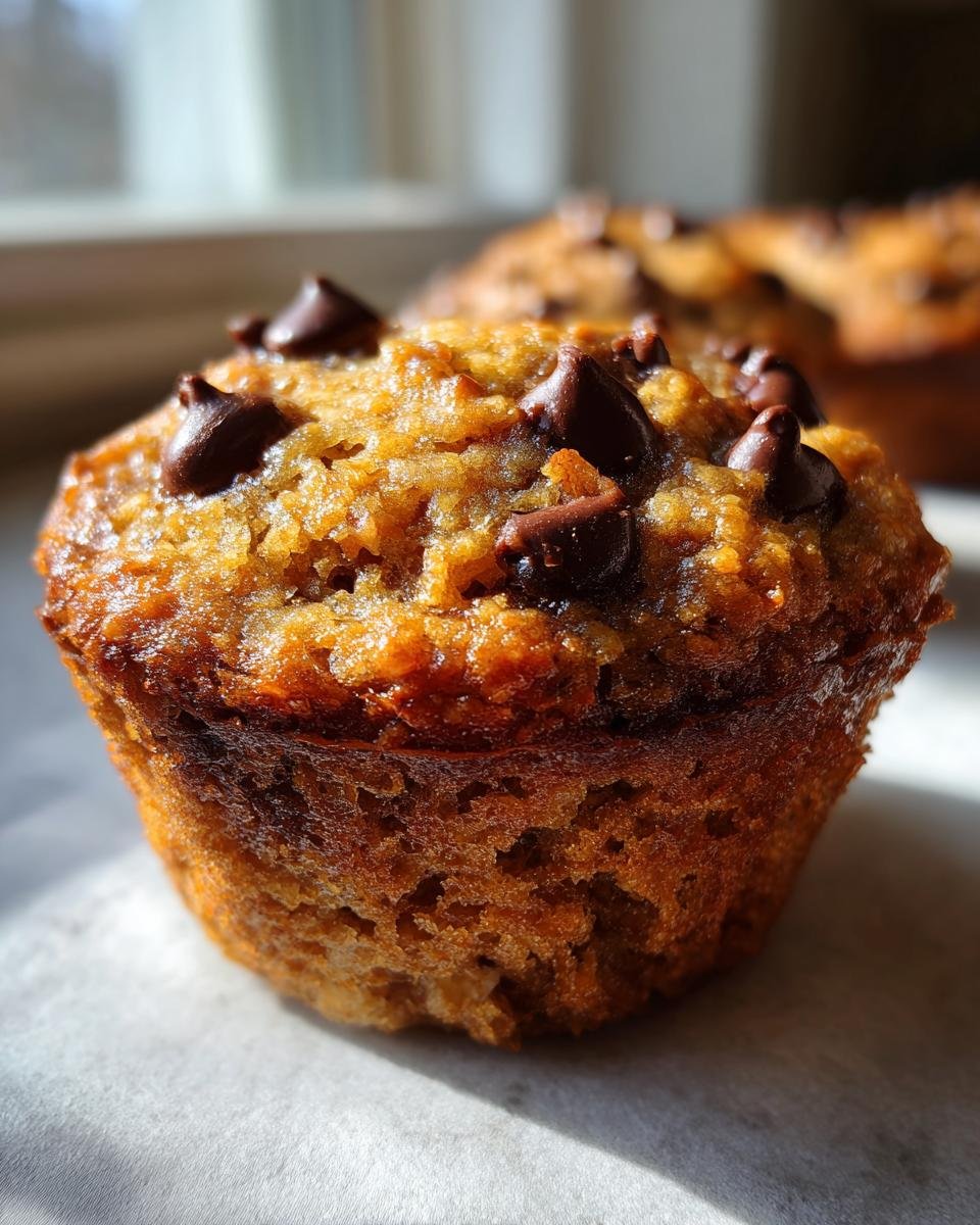 Nahaufnahme eines saftigen Bananen-Schoko-Muffins mit vielen Schokoladenstückchen.