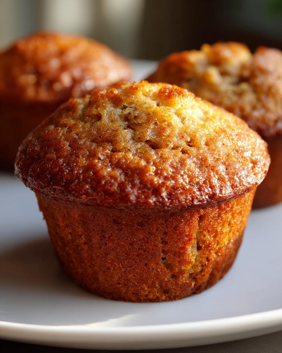 Nahaufnahme von drei saftigen Bananenbrot Muffins auf einem wei&szlig;en Teller, perfekt f&uuml;r das beste Bananenbrot Muffins Rezept.