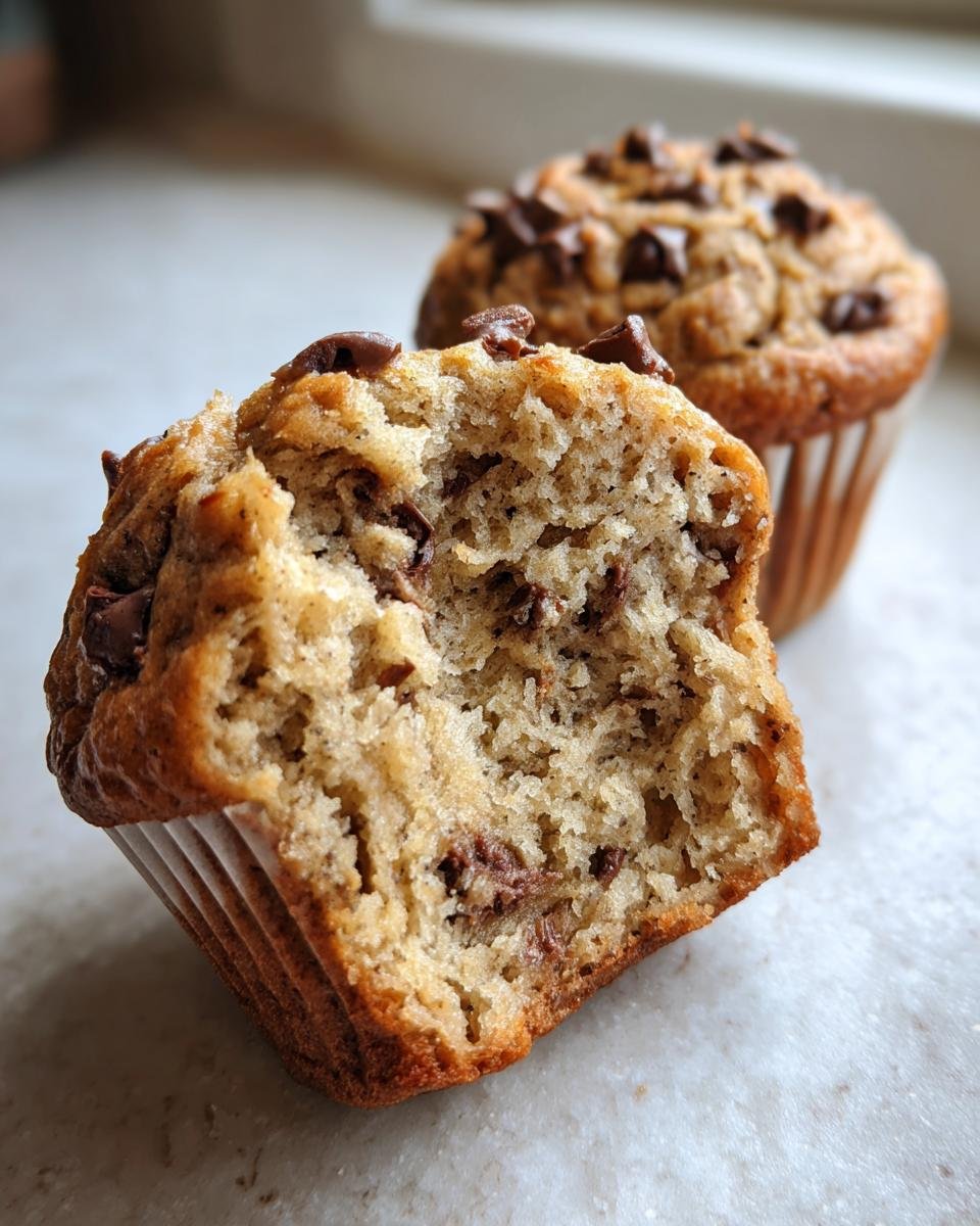 Nahaufnahme eines aufgeschnittenen Bananenmuffins mit Schokost&uuml;ckchen, daneben ein ganzer Muffin.
