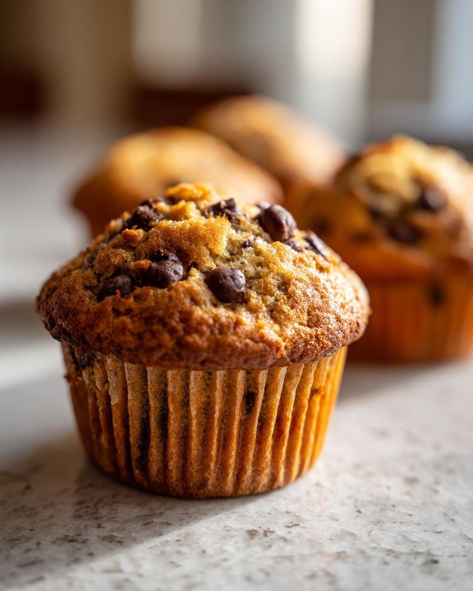 Nahaufnahme von einem saftigen Bananenmuffin mit Schokost&uuml;ckchen, perfekt f&uuml;r das Blitz-Rezept.