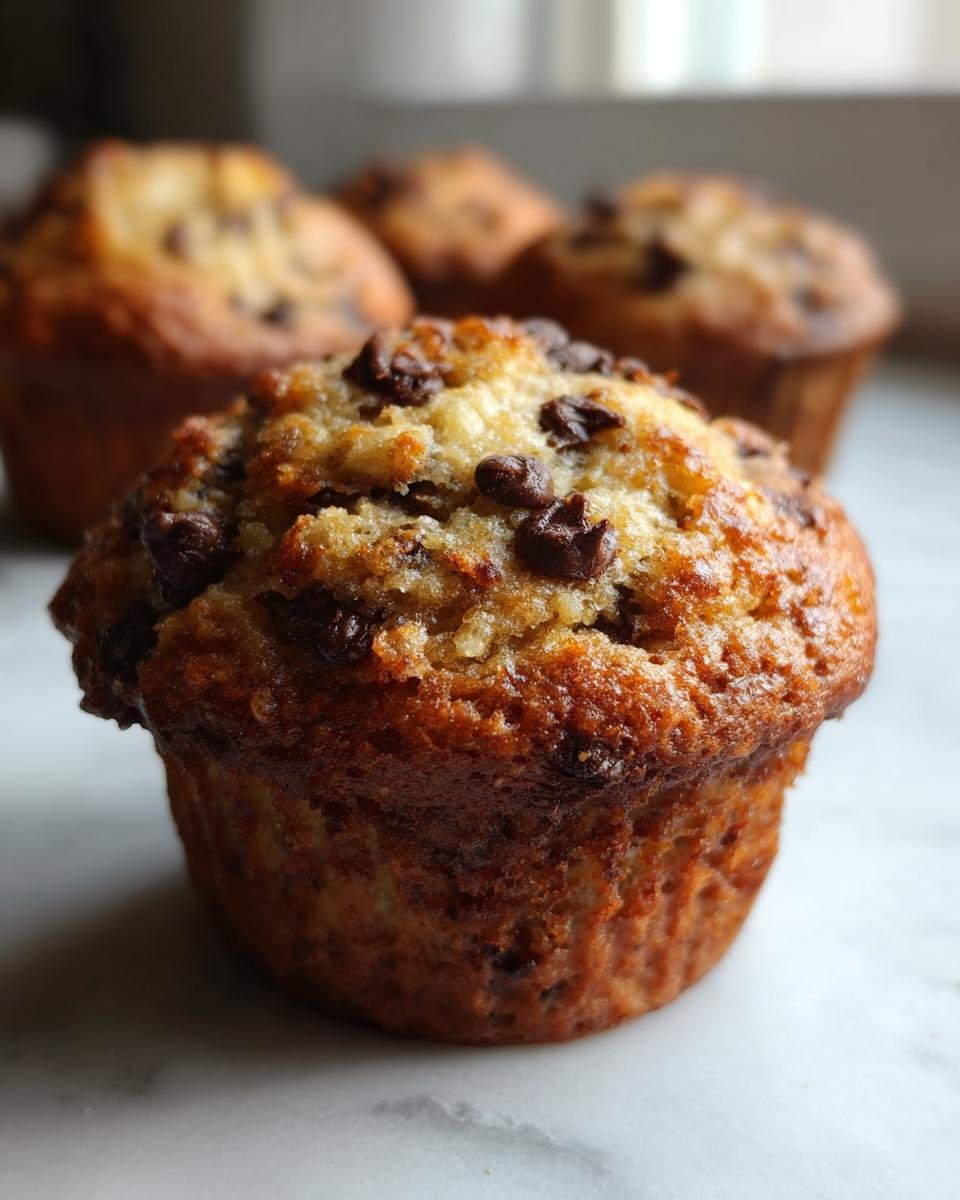 Nahaufnahme eines saftigen Bananenmuffins mit Schokost&uuml;ckchen, perfekt f&uuml;r das Blitz-Rezept.