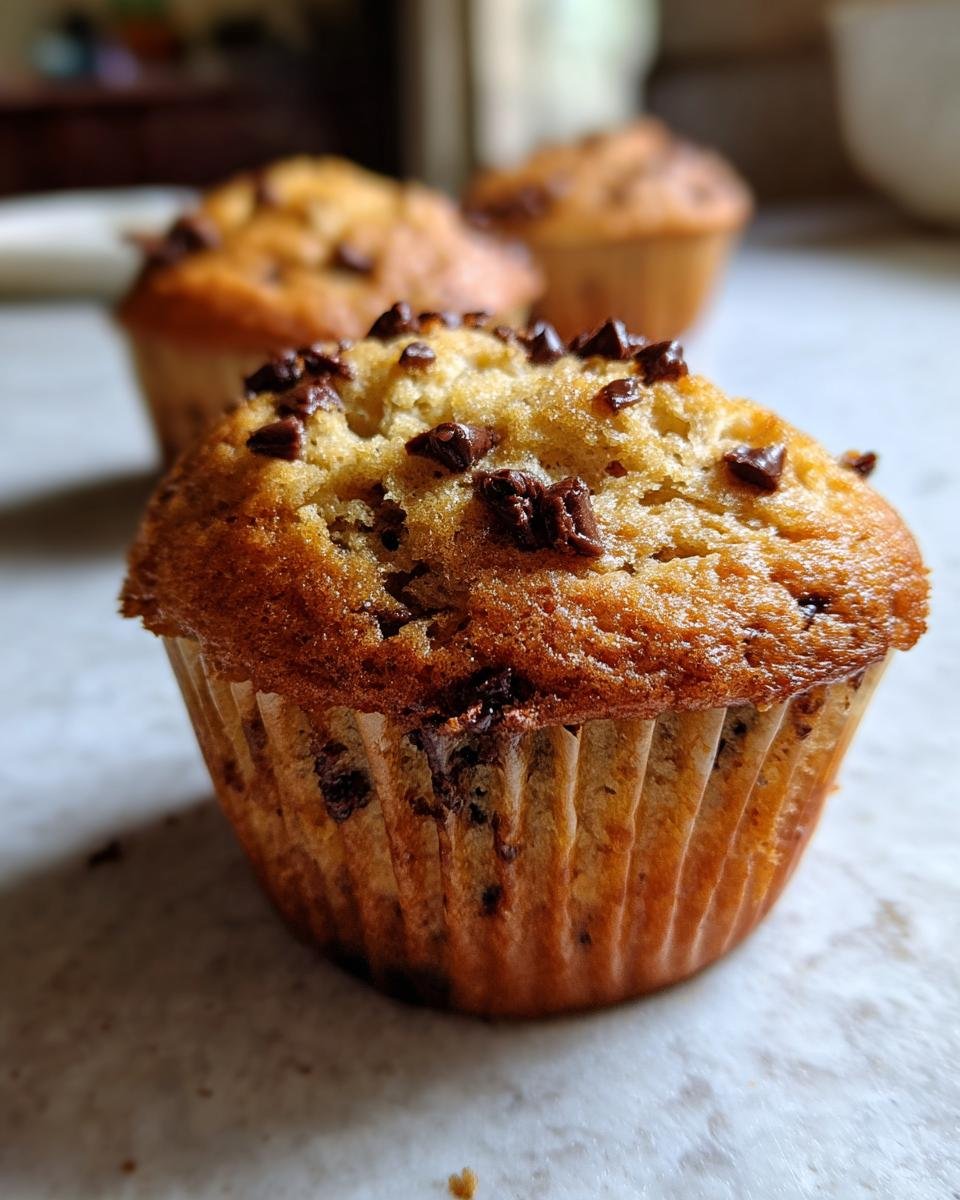Nahaufnahme von saftigen Bananenmuffins mit Schokost&uuml;ckchen, perfekt f&uuml;r das Rezept.