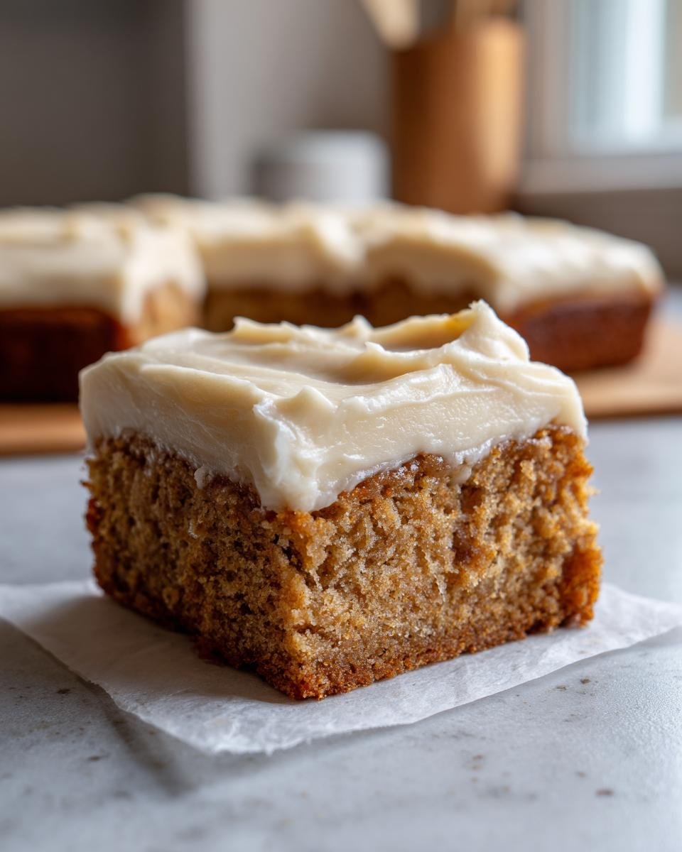 Nahaufnahme eines St&uuml;cks Bananenriegel mit cremigem Frischk&auml;se-Frosting.