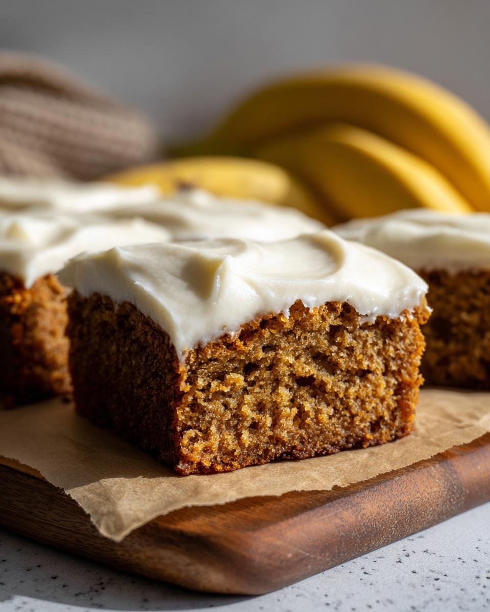 Nahaufnahme von saftigen Bananenriegeln mit cremigem Frischk&auml;se-Frosting, garniert mit Bananen im Hintergrund.