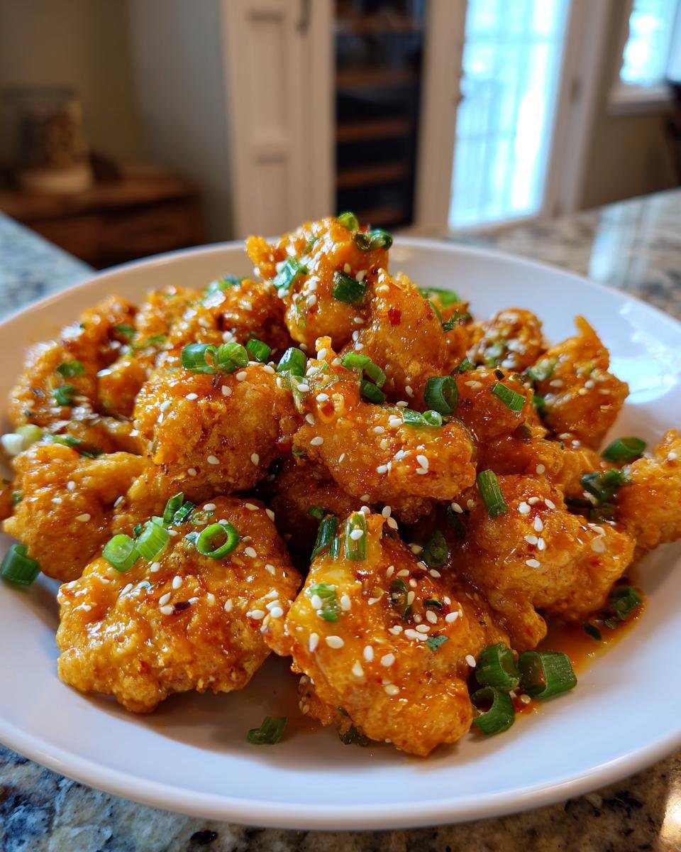 Nahaufnahme von knusprigem Bang Bang Chicken, &uuml;berzogen mit einer cremigen, w&uuml;rzigen Sauce und garniert mit Fr&uuml;hlingszwiebeln und Sesam.