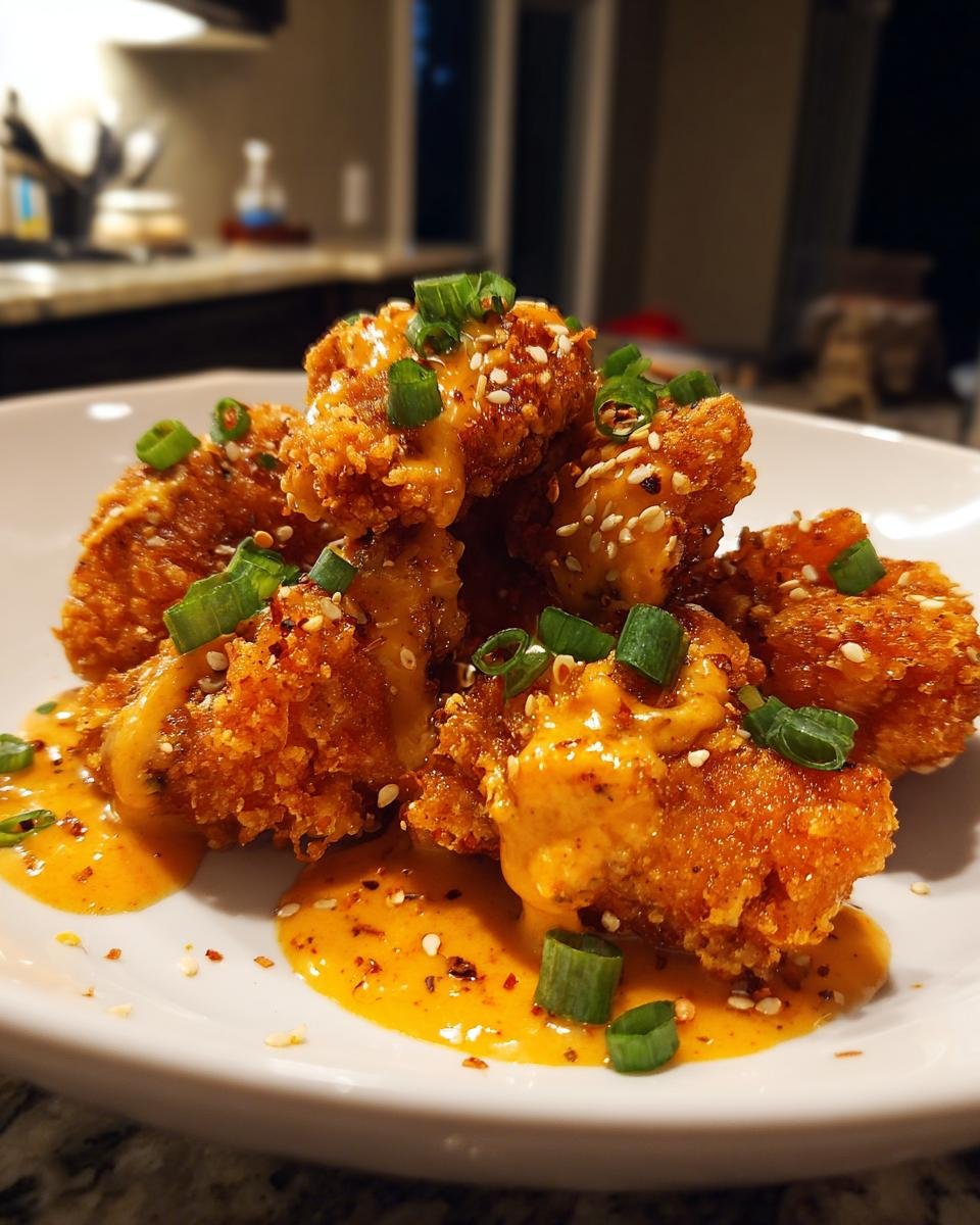 Knuspriges Bang Bang Chicken mit cremiger Sauce, Sesam und Fr&uuml;hlingszwiebeln.