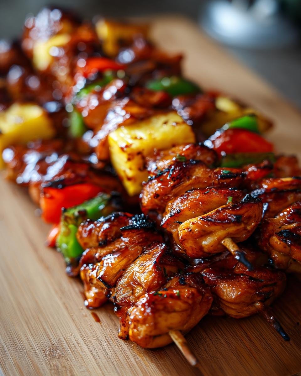 Nahaufnahme von saftigen BBQ Ananas Hähnchen Spießen mit gegrilltem Hähnchen, Ananasstücken und Paprika.