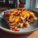 Ein St&uuml;ck BBQ Bacon Cheeseburger Poutine Lasagne mit geschmolzenem K&auml;se und Speck auf einem Teller.