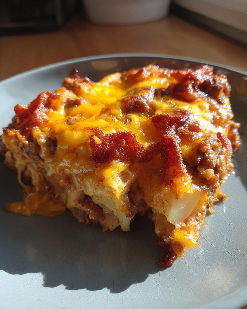 Ein St&uuml;ck BBQ Bacon Cheeseburger Poutine Lasagne auf einem grauen Teller, mit geschmolzenem K&auml;se und Speck.