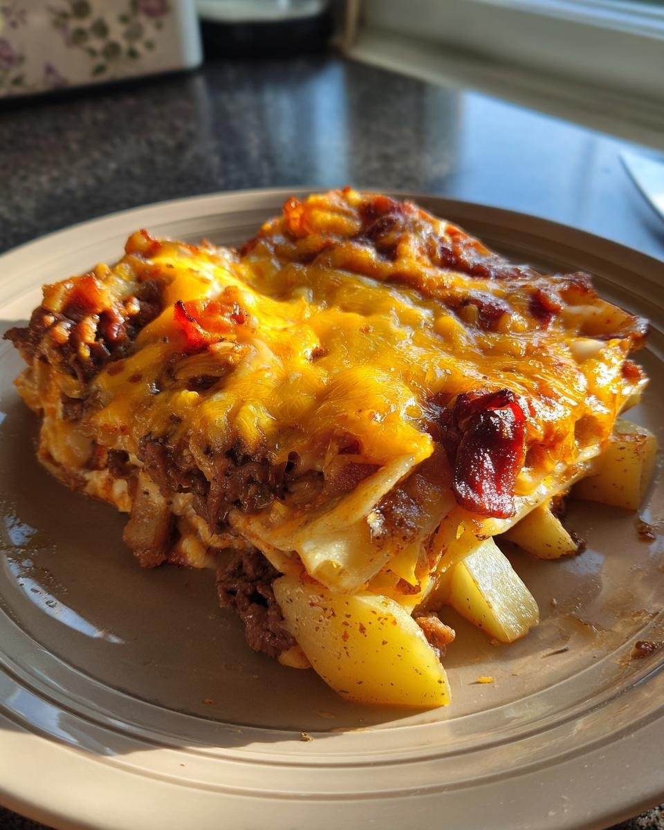 Nahaufnahme eines St&uuml;cks BBQ Bacon Cheeseburger Poutine Lasagne mit geschmolzenem K&auml;se und Kartoffelst&uuml;cken.
