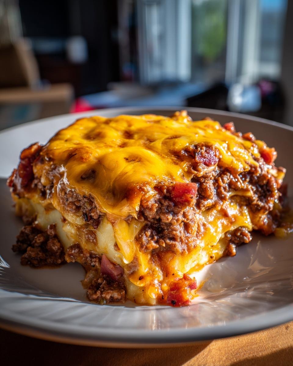 Ein St&uuml;ck BBQ Bacon Cheeseburger Poutine Lasagne mit geschmolzenem K&auml;se und Hackfleisch.