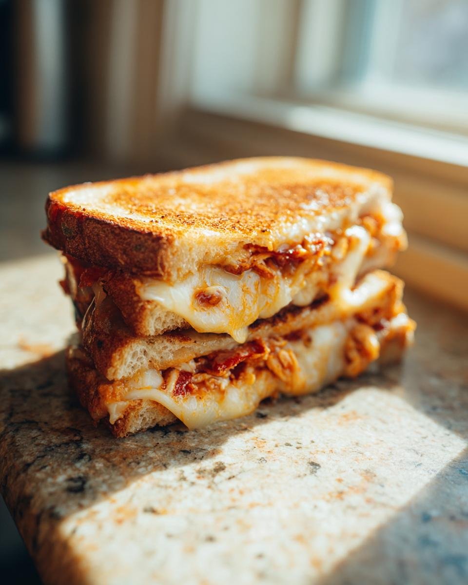 Ein gestapeltes BBQ Hähnchen Grilled Cheese mit geschmolzenem Käse und knusprigem Brot.