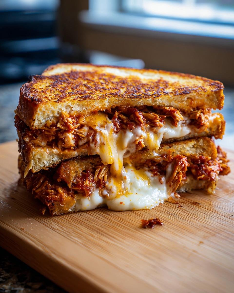 Ein gestapeltes BBQ Hähnchen Grilled Cheese mit geschmolzenem Käse auf einem Holzbrett.