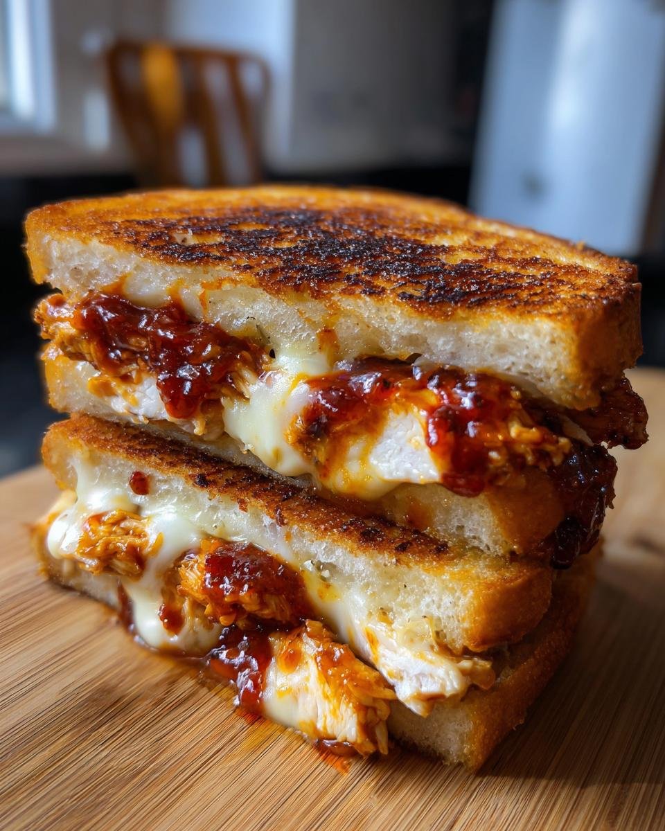 Gestapeltes BBQ Hähnchen Grilled Cheese mit geschmolzenem Käse und BBQ-Sauce auf Holzbrett.