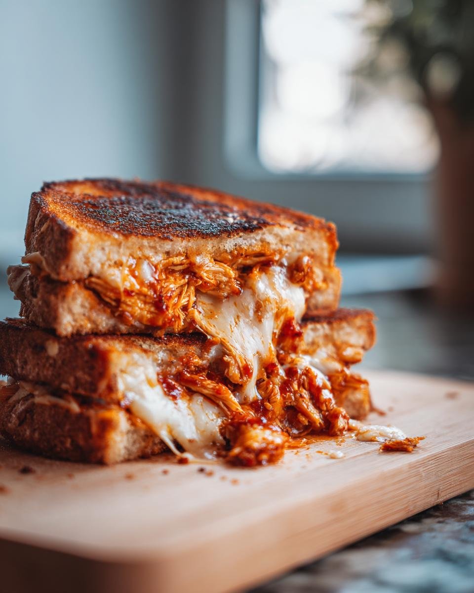 Ein gestapeltes BBQ Hähnchen Grilled Cheese mit geschmolzenem Käse auf einem Holzbrett.