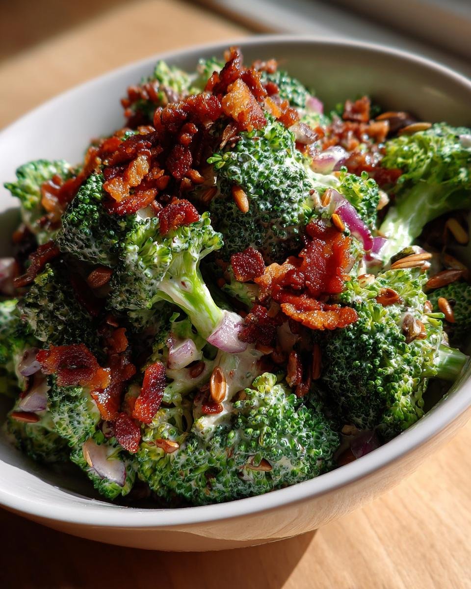 Close-up of a bowl of the best broccoli salad recipe, featuring fresh broccoli florets, creamy dressing, crispy bacon, red onion, and sunflower seeds.