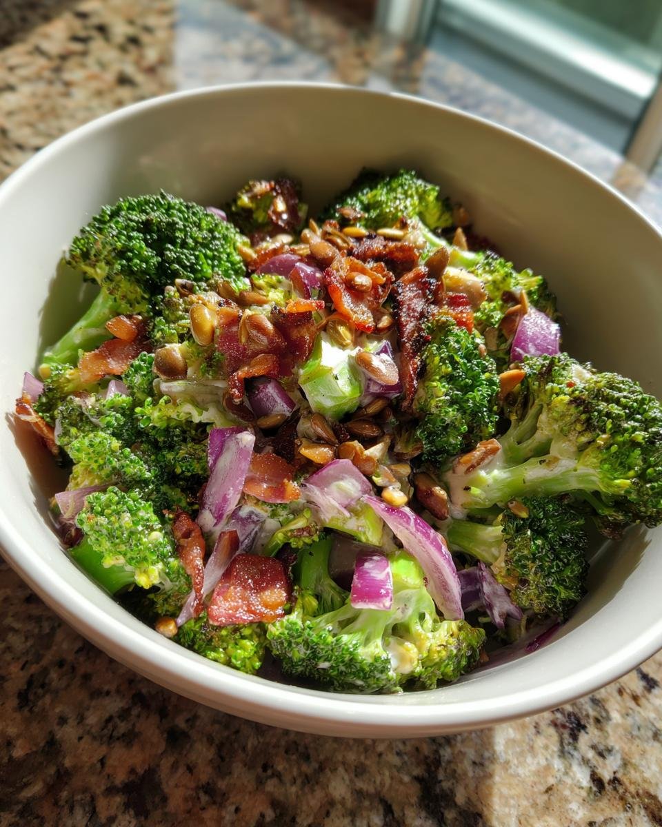 A bowl of the best broccoli salad recipe with crunchy bacon, red onion, and sunflower seeds.