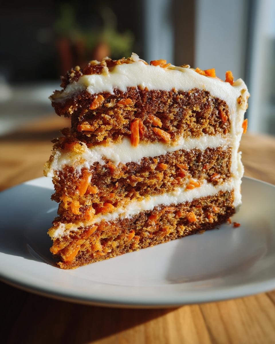 Nahaufnahme eines saftigen St&uuml;cks bester Karottenkuchen mit cremiger Glasur und geraspelten Karotten.