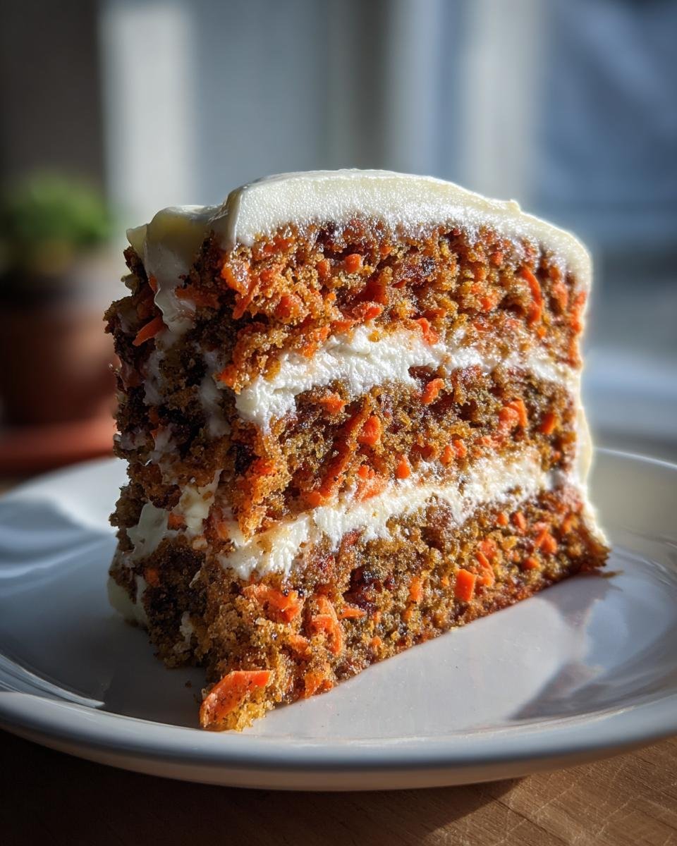 Ein saftiges St&uuml;ck bester Karottenkuchen mit drei Schichten und cremiger Glasur.