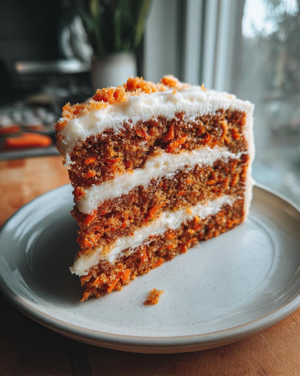 Ein saftiges St&uuml;ck bester Karottenkuchen mit drei Schichten Kuchen und Frischk&auml;se-Frosting, garniert mit Karottenraspeln.