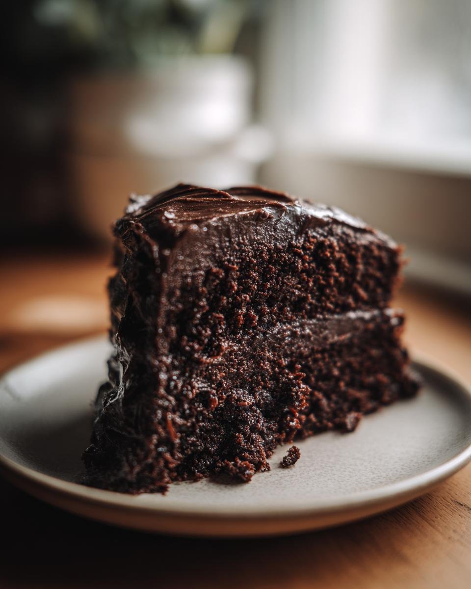 Ein Stück reicher Schokoladenkuchen mit Schokoladenglasur, perfekt für den besten Kuchen zum Vatertag.