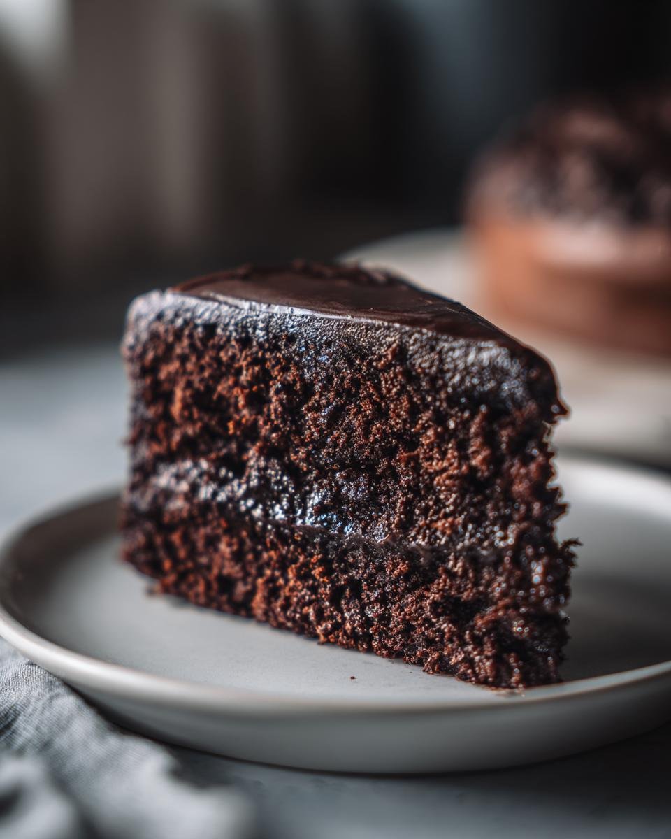 Ein Stück saftiger Schokoladenkuchen mit reicher Schokoladenglasur, perfekt für den Vatertag.