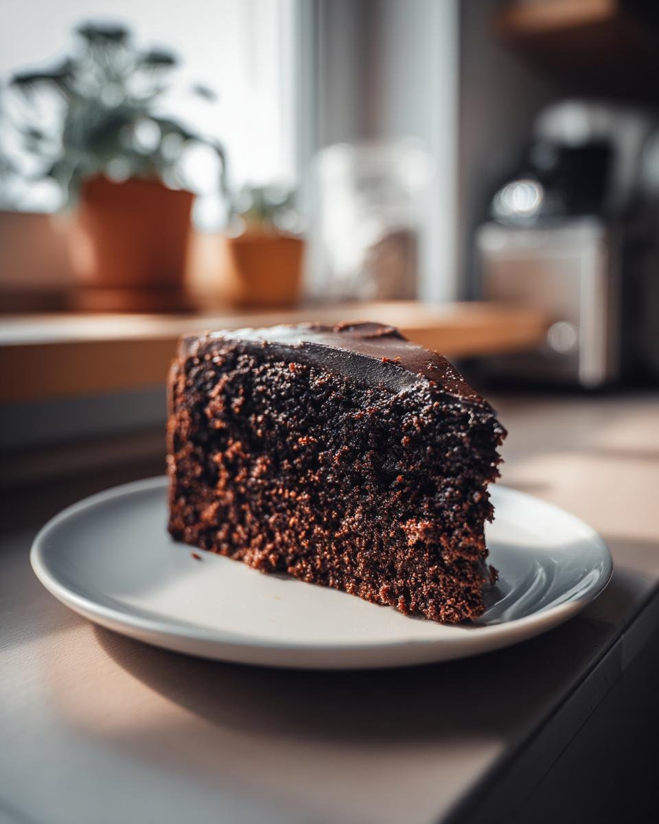 Ein Stück reichhaltiger Schokoladenkuchen für den Vatertag, serviert auf einem weißen Teller.