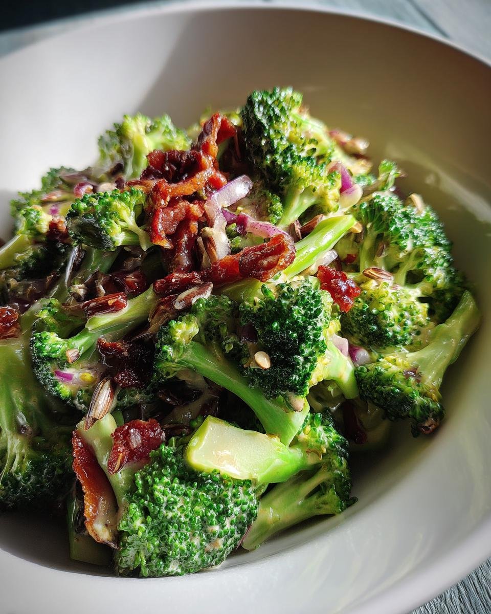 Nahaufnahme von einem knusprigen Brokkoli Salat mit roten Zwiebeln und Speckst&uuml;cken.