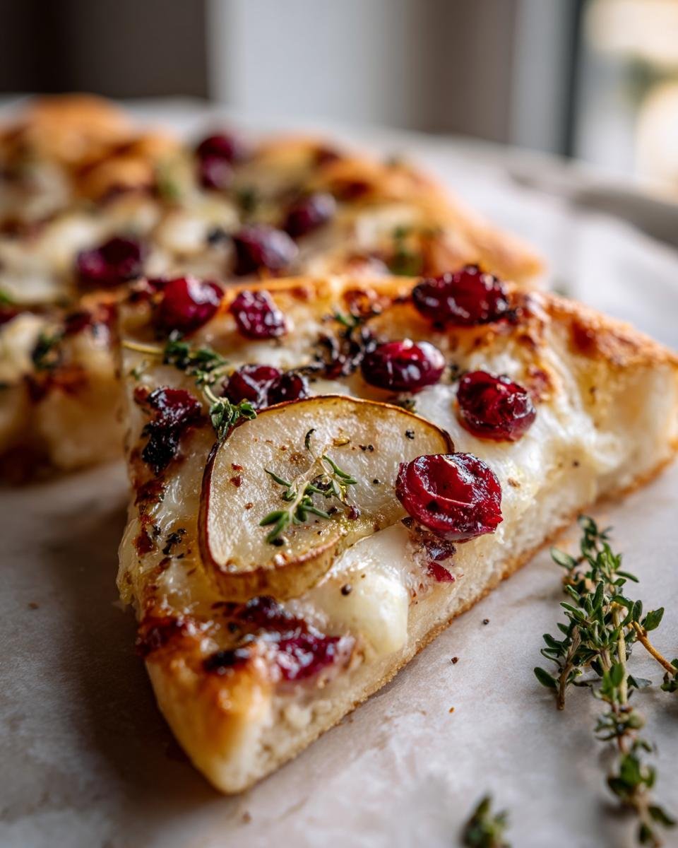 Nahaufnahme eines St&uuml;cks Birnen-, Brie- & Cranberry-Flammkuchen mit frischem Thymian.