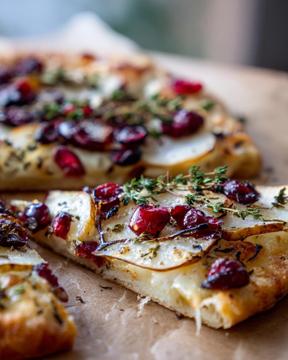 Nahaufnahme eines St&uuml;cks Birnen-, Brie- & Cranberry-Flammkuchen mit Thymian, belegt mit Birnenscheiben und Cranberries.