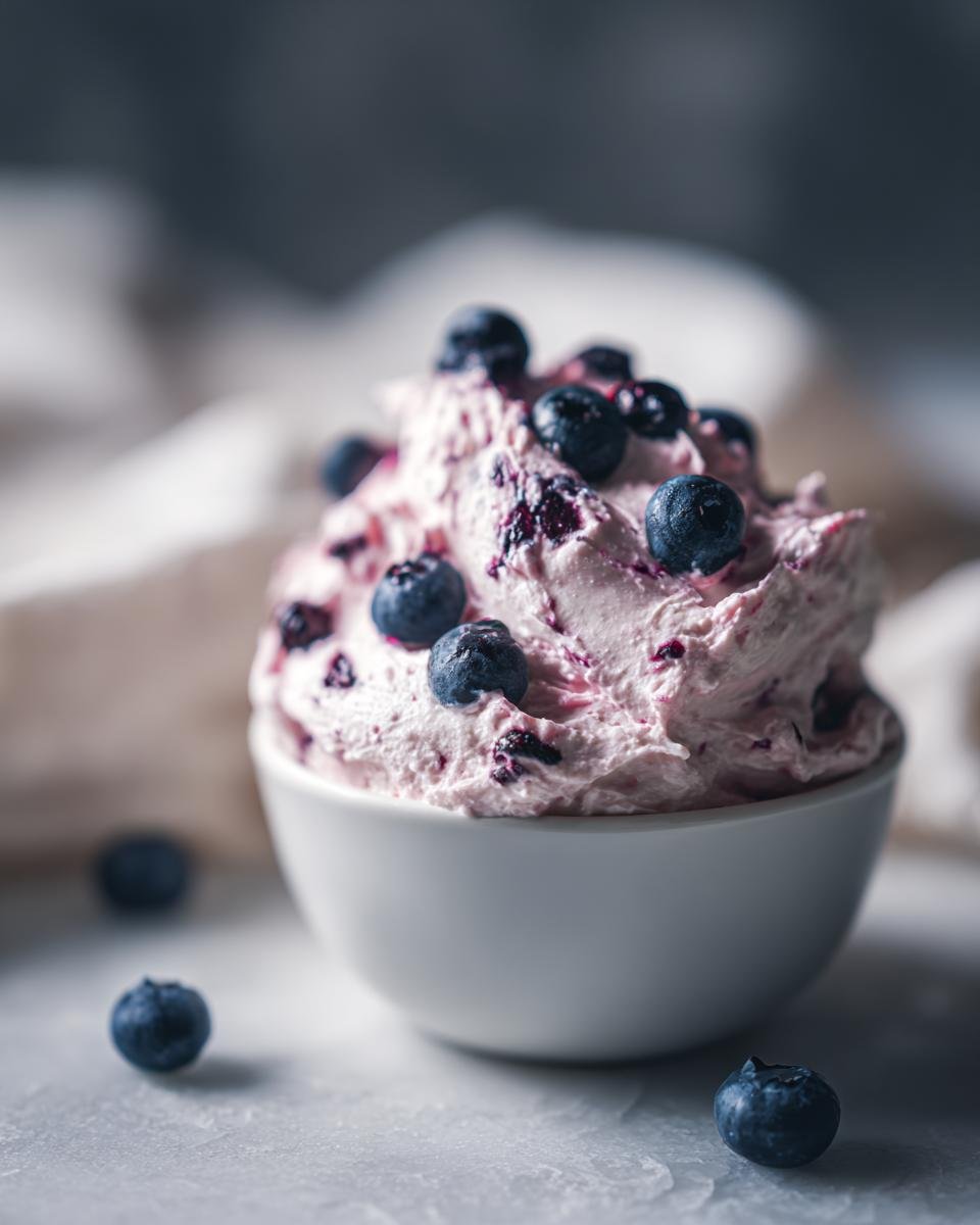 Sch&uuml;ssel mit cremigem Blaubeer-Frischk&auml;se-Aufstrich, garniert mit frischen Blaubeeren.